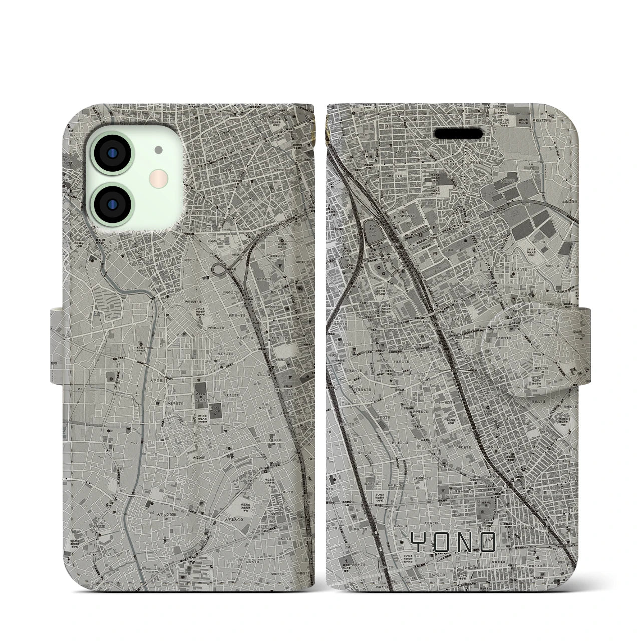 【与野(埼玉県)】地図柄iPhoneケース(手帳タイプ)モノトーン・iPhone 12 mini 用