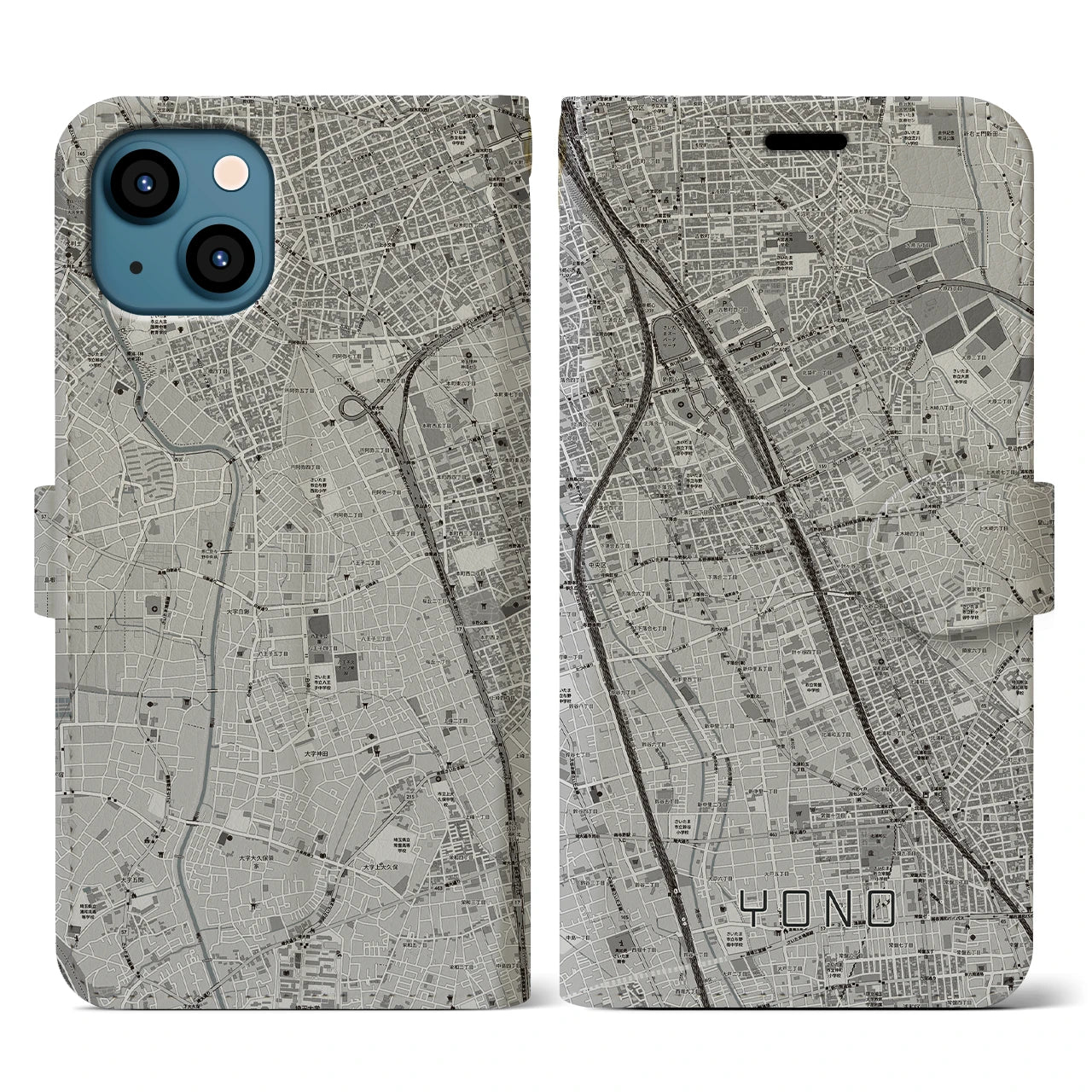 【与野(埼玉県)】地図柄iPhoneケース(手帳タイプ)モノトーン・iPhone 13 用
