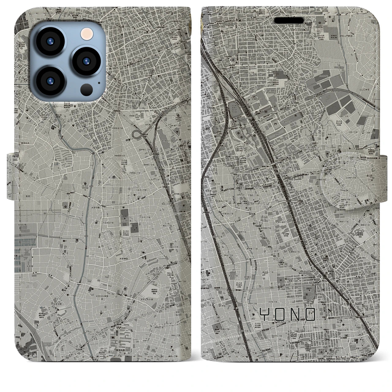 【与野(埼玉県)】地図柄iPhoneケース(手帳タイプ)モノトーン・iPhone 13 Pro Max 用