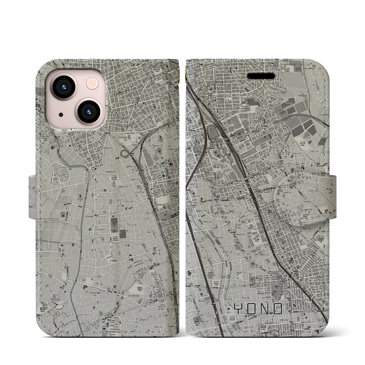 【与野(埼玉県)】地図柄iPhoneケース(手帳タイプ)モノトーン・iPhone 13 mini 用