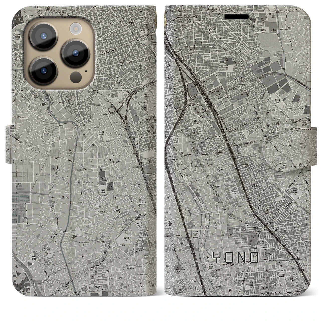 【与野(埼玉県)】地図柄iPhoneケース(手帳タイプ)モノトーン・iPhone 14 Pro Max 用