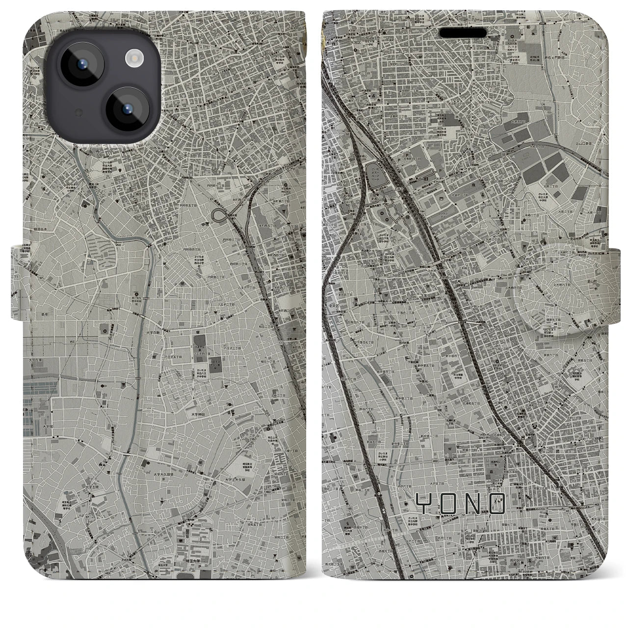 【与野(埼玉県)】地図柄iPhoneケース(手帳タイプ)モノトーン・iPhone 14 Plus 用