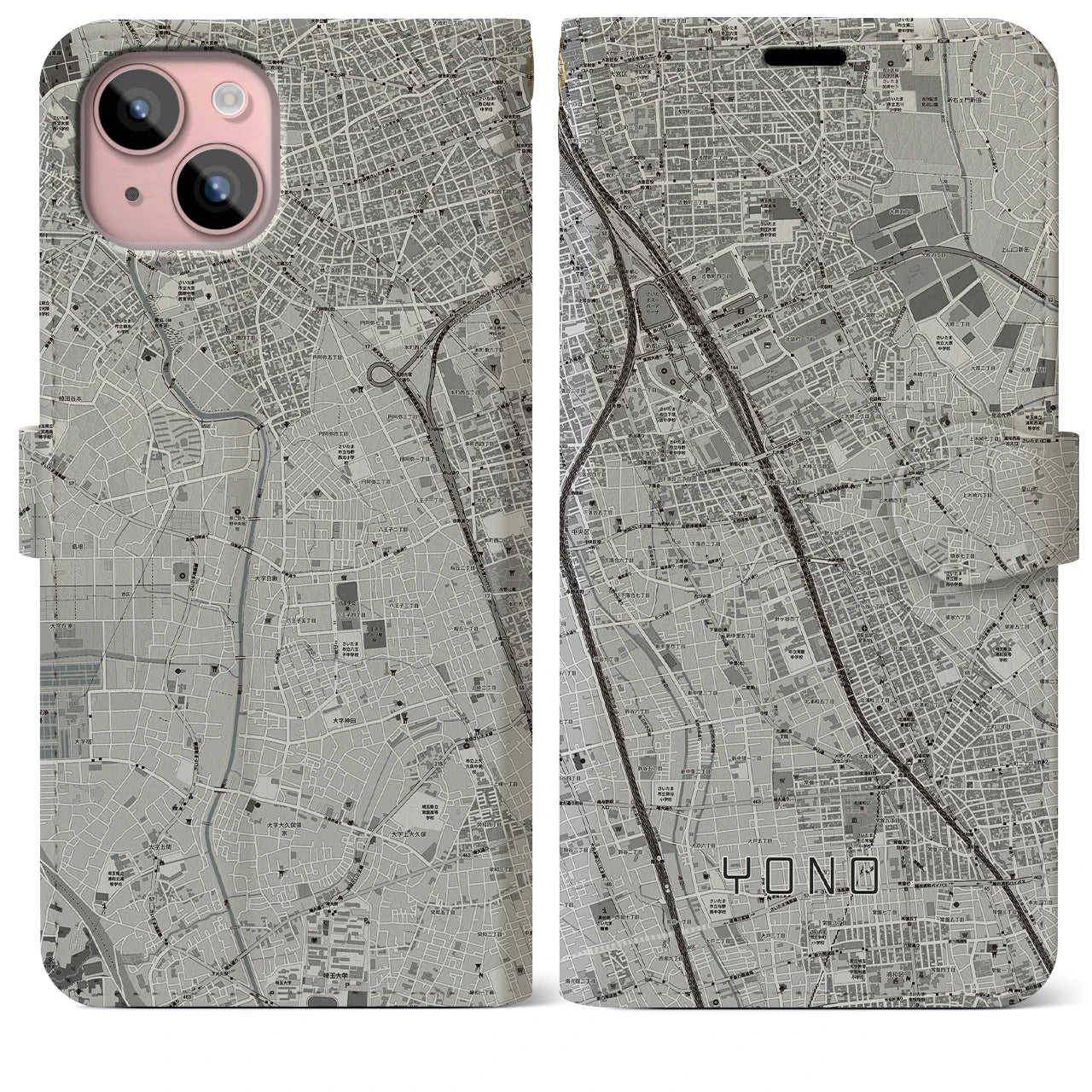【与野(埼玉県)】地図柄iPhoneケース(手帳タイプ)モノトーン・iPhone 15 Plus 用
