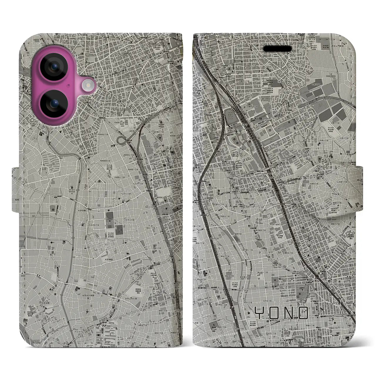 【与野(埼玉県)】地図柄iPhoneケース(手帳タイプ)モノトーン・iPhone 16 Pro 用