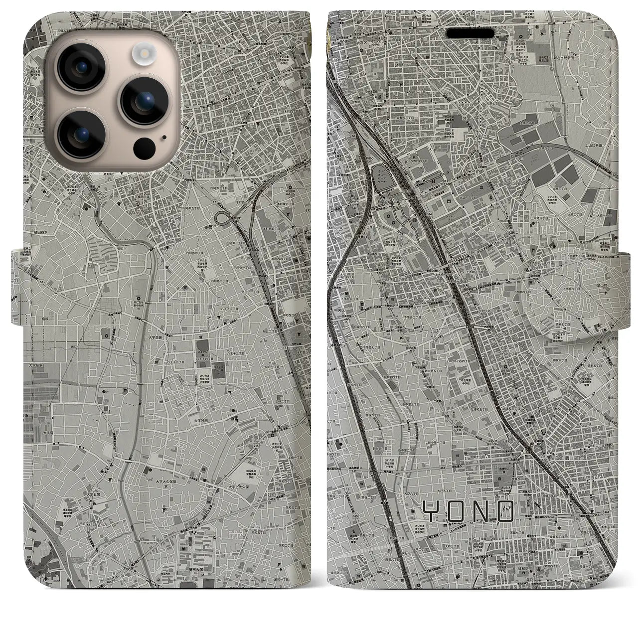 【与野(埼玉県)】地図柄iPhoneケース(手帳タイプ)モノトーン・iPhone 16 Plus 用