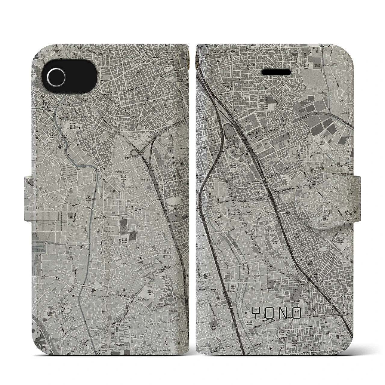 【与野(埼玉県)】地図柄iPhoneケース(手帳タイプ)モノトーン・iPhone SE(第3 / 第2世代) / 8 / 7 / 6s / 6 用