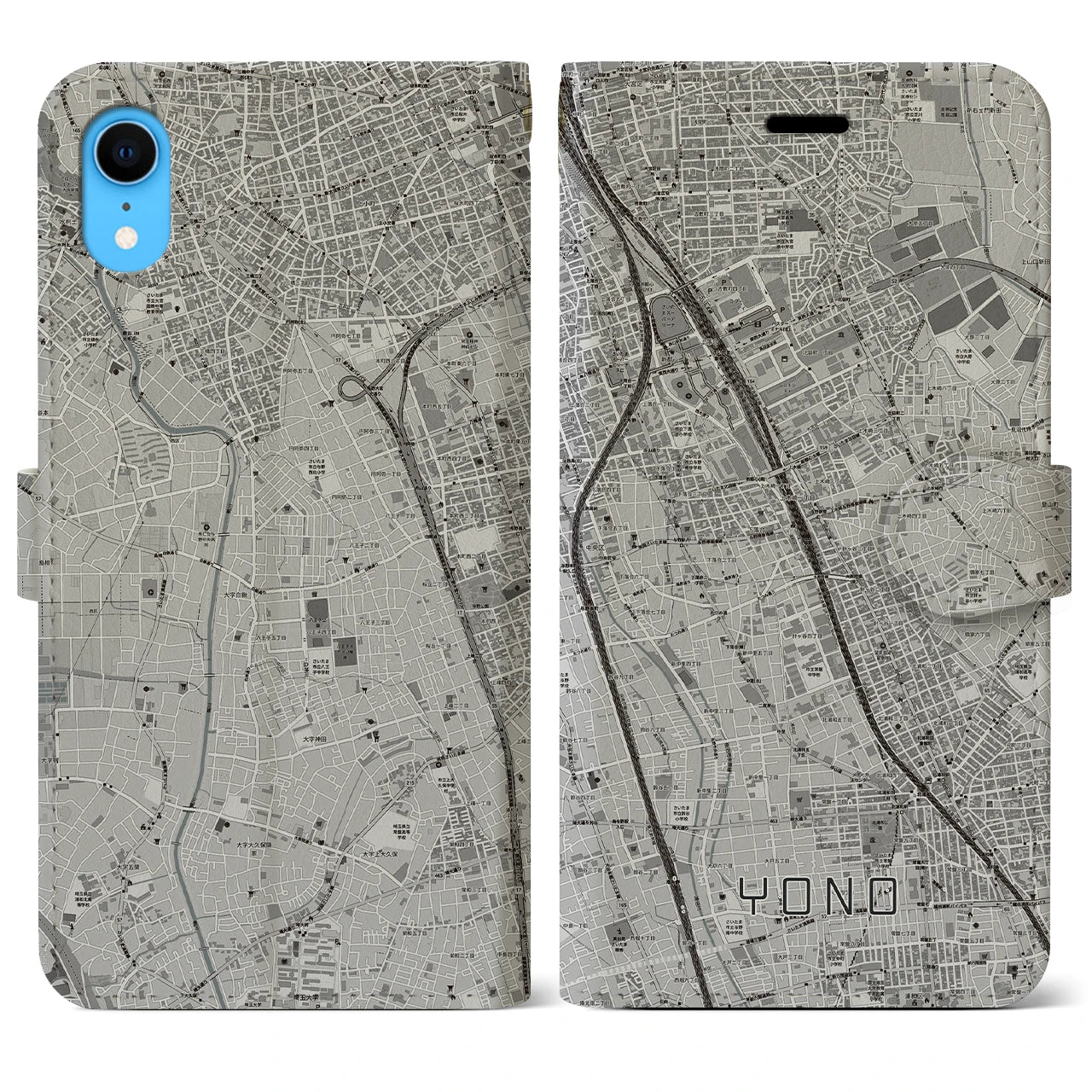 【与野(埼玉県)】地図柄iPhoneケース(手帳タイプ)モノトーン・iPhone XR 用