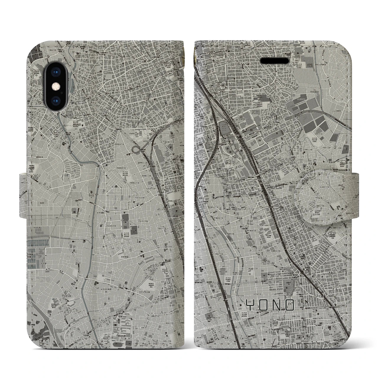 【与野(埼玉県)】地図柄iPhoneケース(手帳タイプ)モノトーン・iPhone XS / X 用
