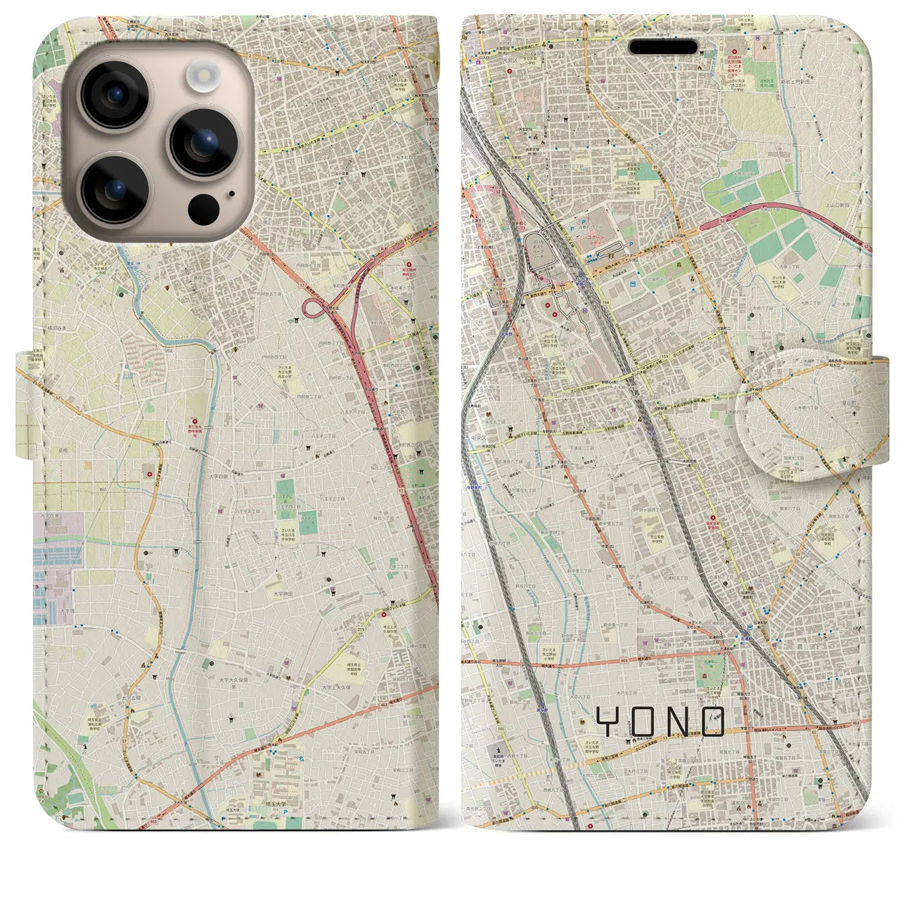 【与野(埼玉県)】地図柄iPhoneケース(手帳タイプ)ナチュラル・iPhone 16 Plus 用