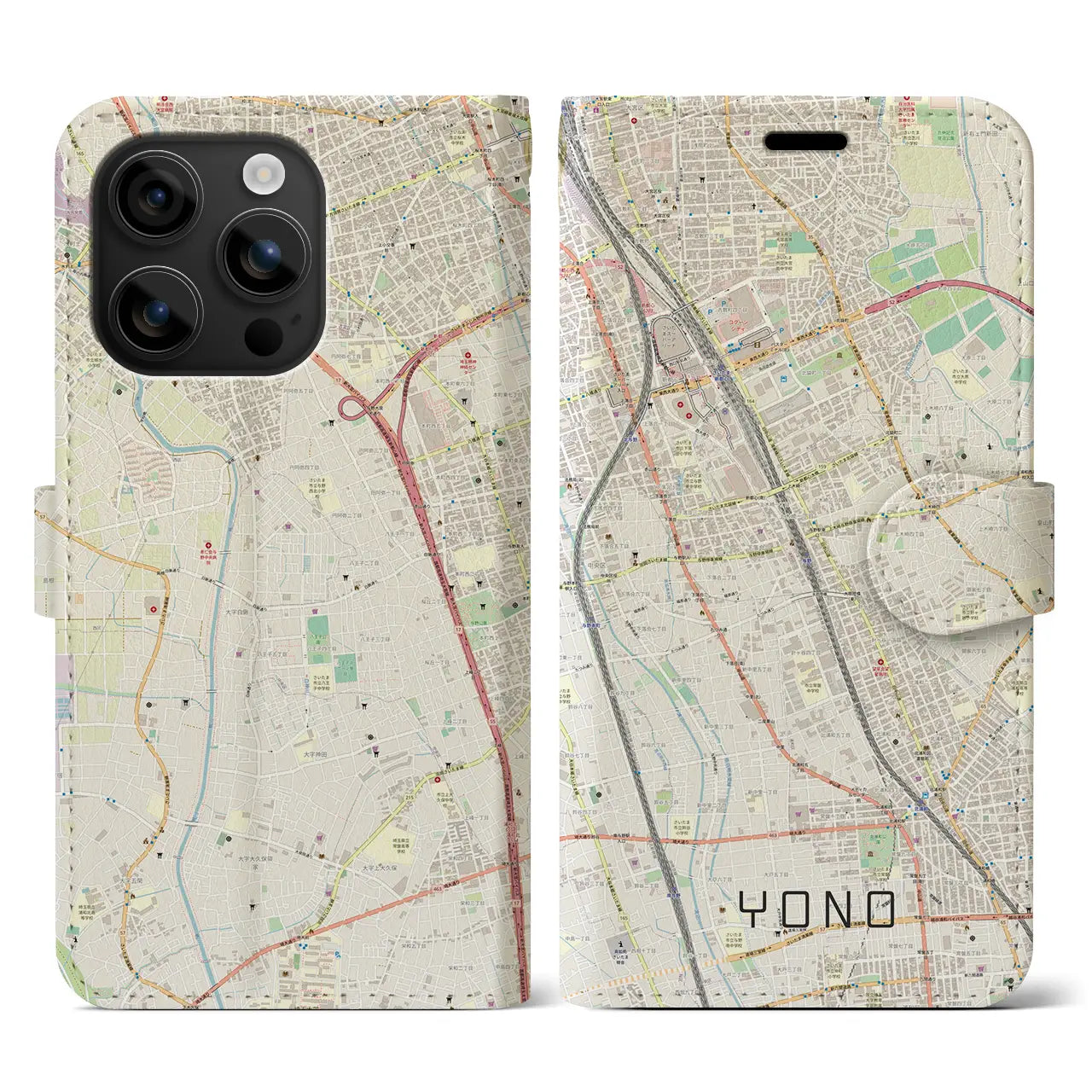 【与野(埼玉県)】地図柄iPhoneケース(手帳タイプ)ナチュラル・iPhone 16 用