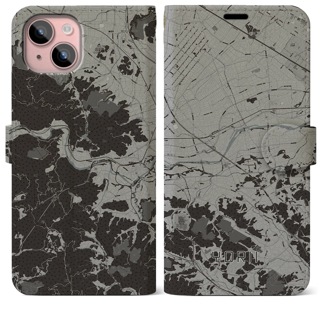 【寄居(埼玉県)】地図柄iPhoneケース(手帳タイプ)モノトーン・iPhone 15 Plus 用