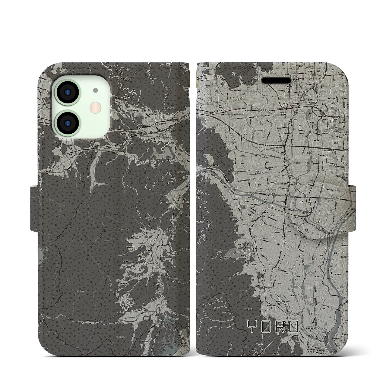 【養老(岐阜県)】地図柄iPhoneケース(手帳タイプ)モノトーン・iPhone 12 mini 用