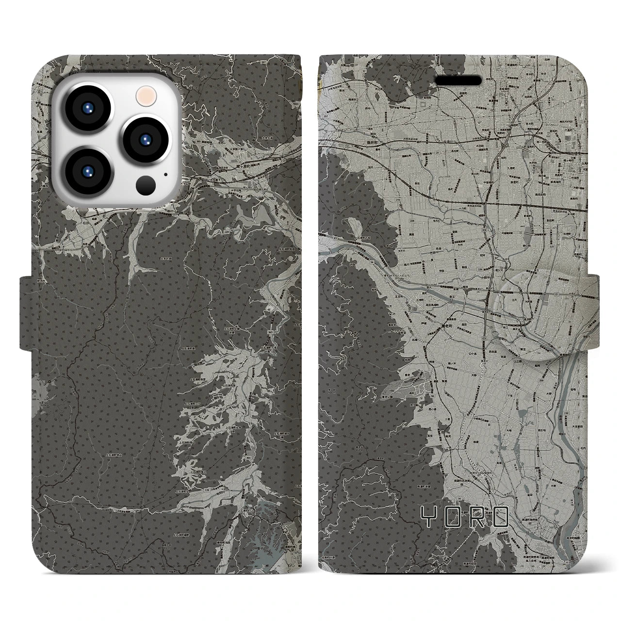 【養老(岐阜県)】地図柄iPhoneケース(手帳タイプ)モノトーン・iPhone 13 Pro 用