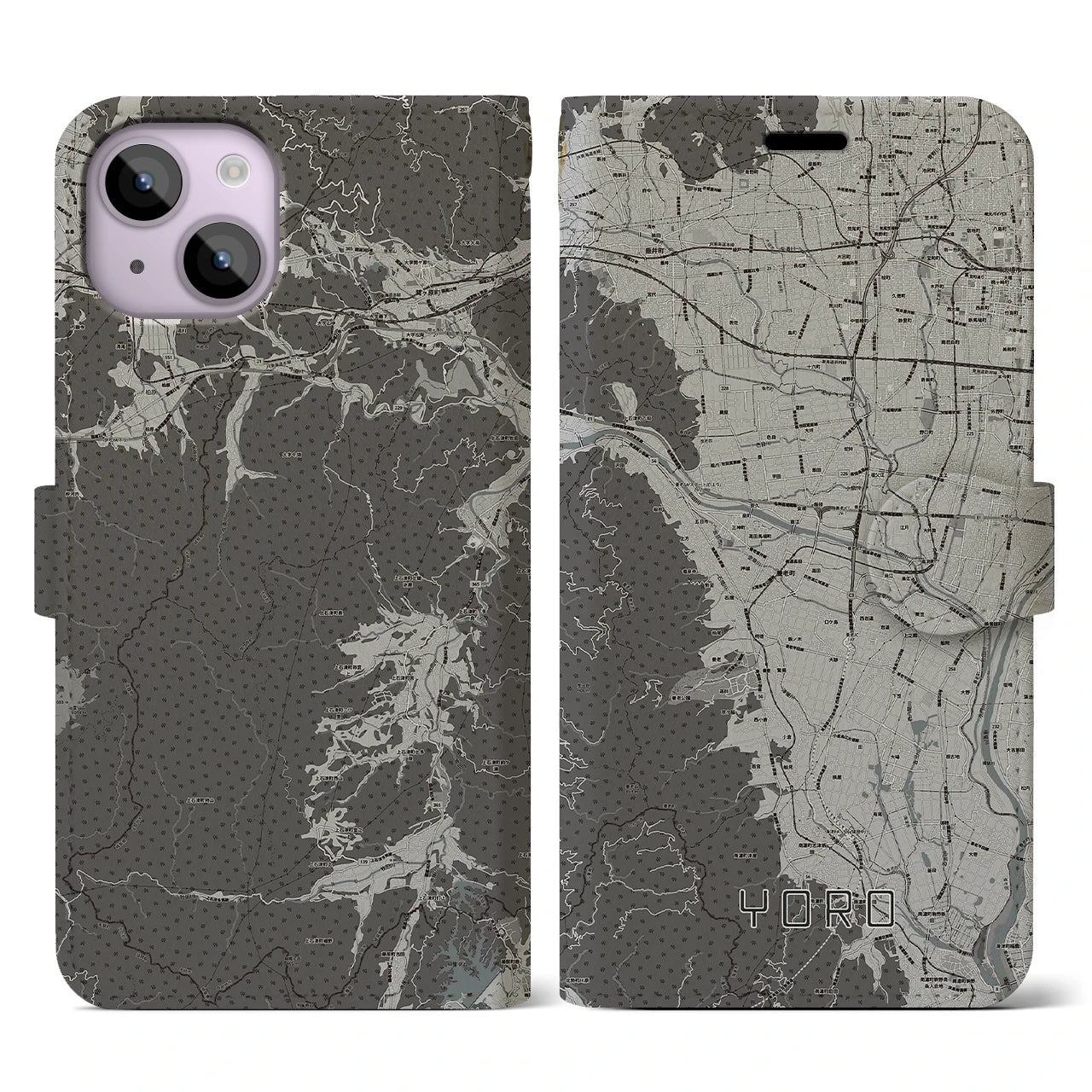 【養老(岐阜県)】地図柄iPhoneケース(手帳タイプ)モノトーン・iPhone 14 用