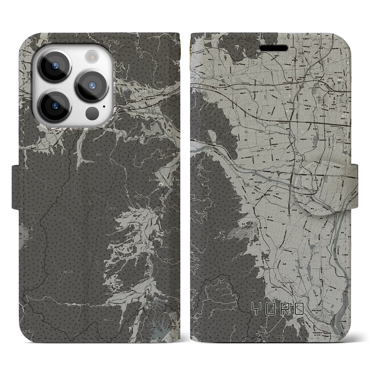 【養老(岐阜県)】地図柄iPhoneケース(手帳タイプ)モノトーン・iPhone 14 Pro 用