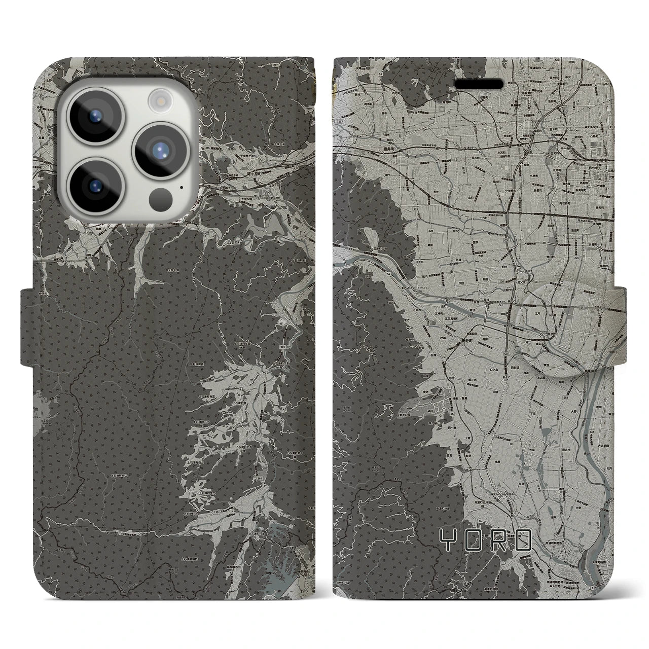 【養老(岐阜県)】地図柄iPhoneケース(手帳タイプ)モノトーン・iPhone 15 Pro 用