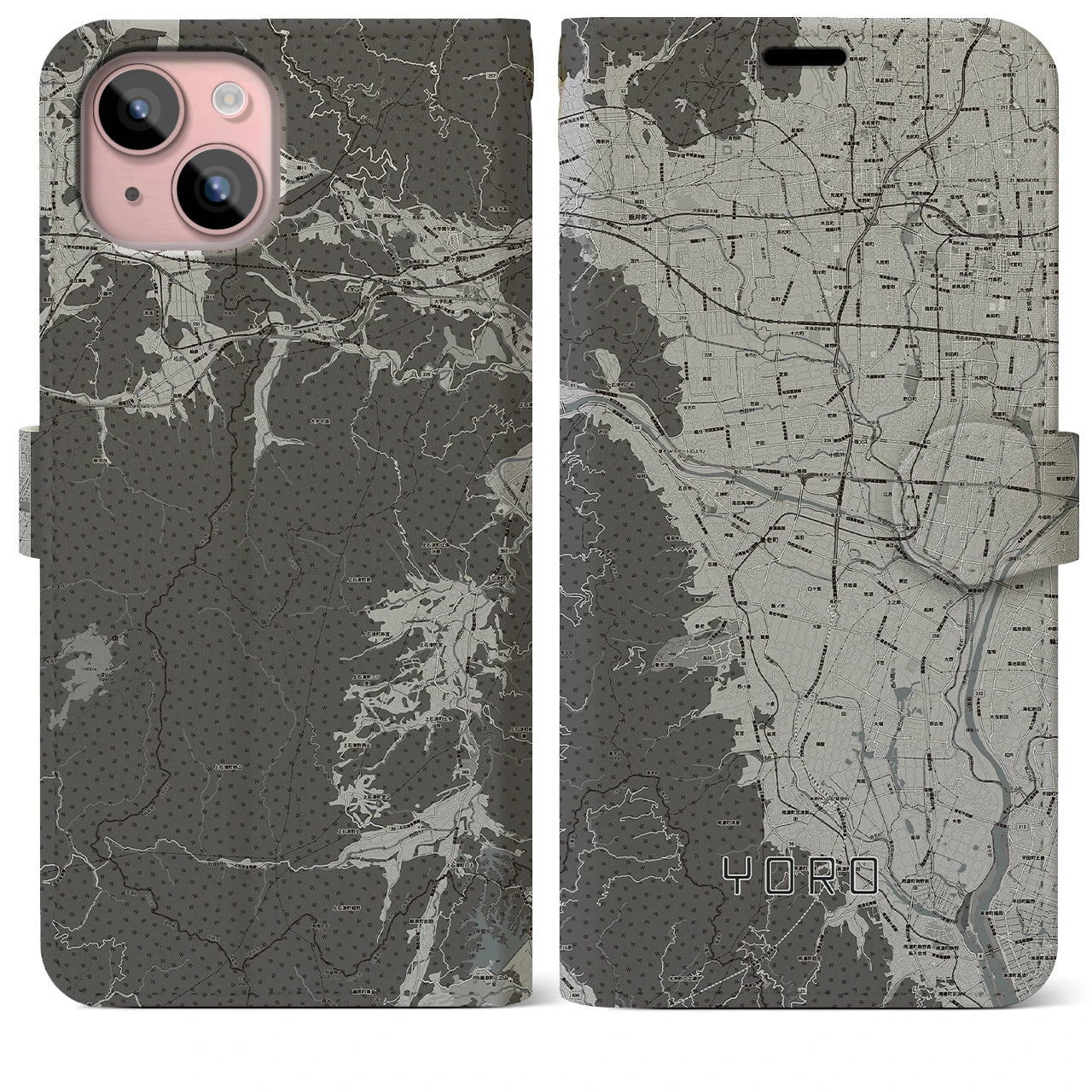 【養老(岐阜県)】地図柄iPhoneケース(手帳タイプ)モノトーン・iPhone 15 Plus 用