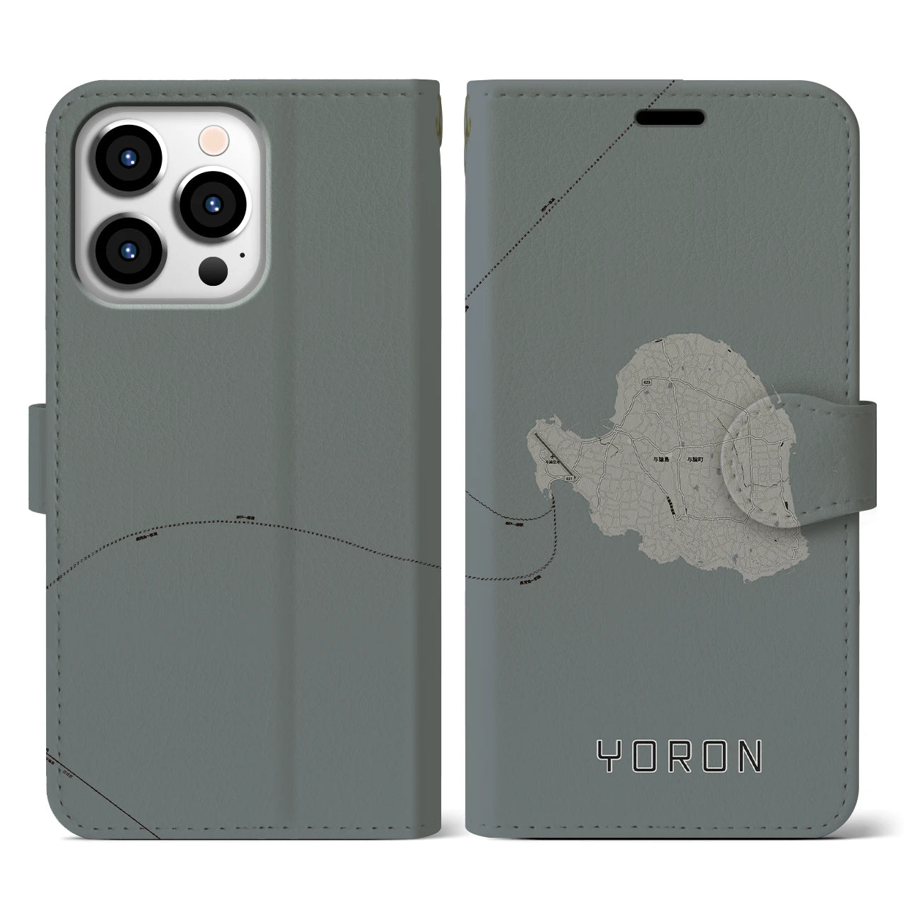 【与論(鹿児島県)】地図柄iPhoneケース(手帳タイプ)モノトーン・iPhone 13 Pro 用