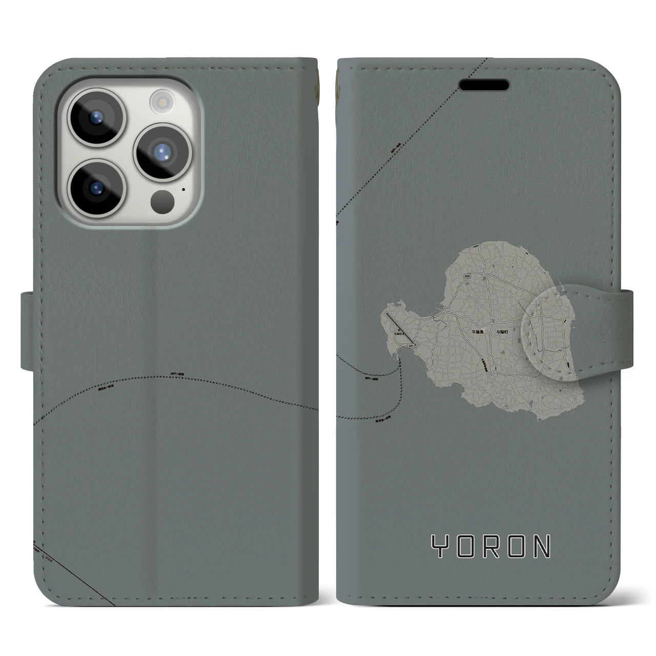 【与論(鹿児島県)】地図柄iPhoneケース(手帳タイプ)モノトーン・iPhone 15 Pro 用