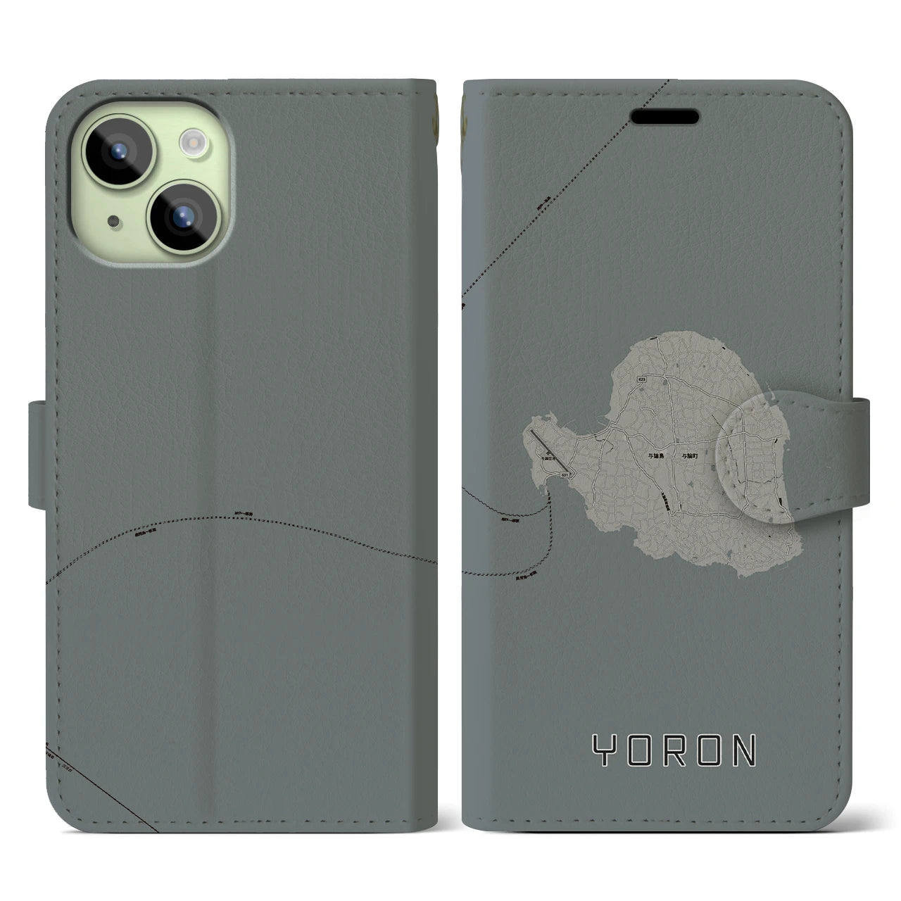 【与論(鹿児島県)】地図柄iPhoneケース(手帳タイプ)モノトーン・iPhone 15 用