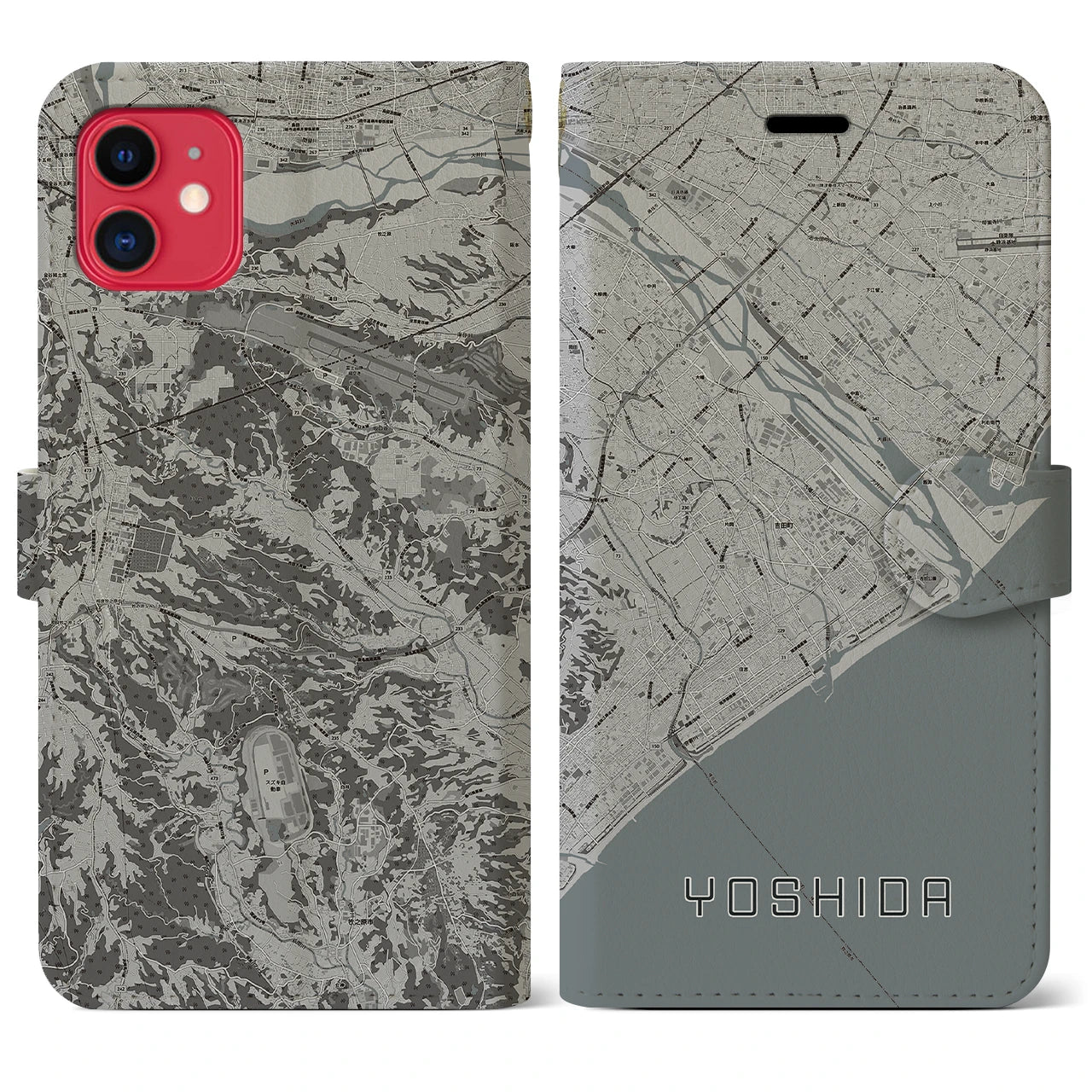 【吉田(静岡県)】地図柄iPhoneケース(手帳タイプ)モノトーン・iPhone 11 用