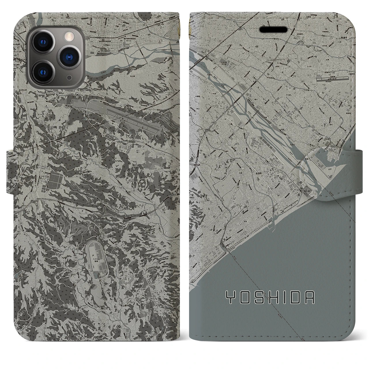 【吉田(静岡県)】地図柄iPhoneケース(手帳タイプ)モノトーン・iPhone 11 Pro Max 用
