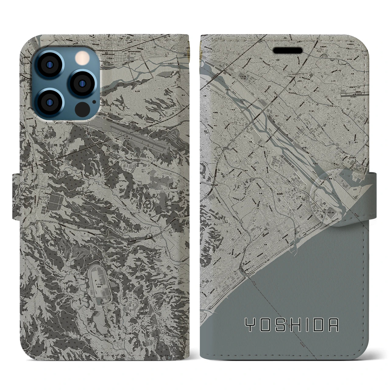 【吉田(静岡県)】地図柄iPhoneケース(手帳タイプ)モノトーン・iPhone 12 / 12 Pro 用