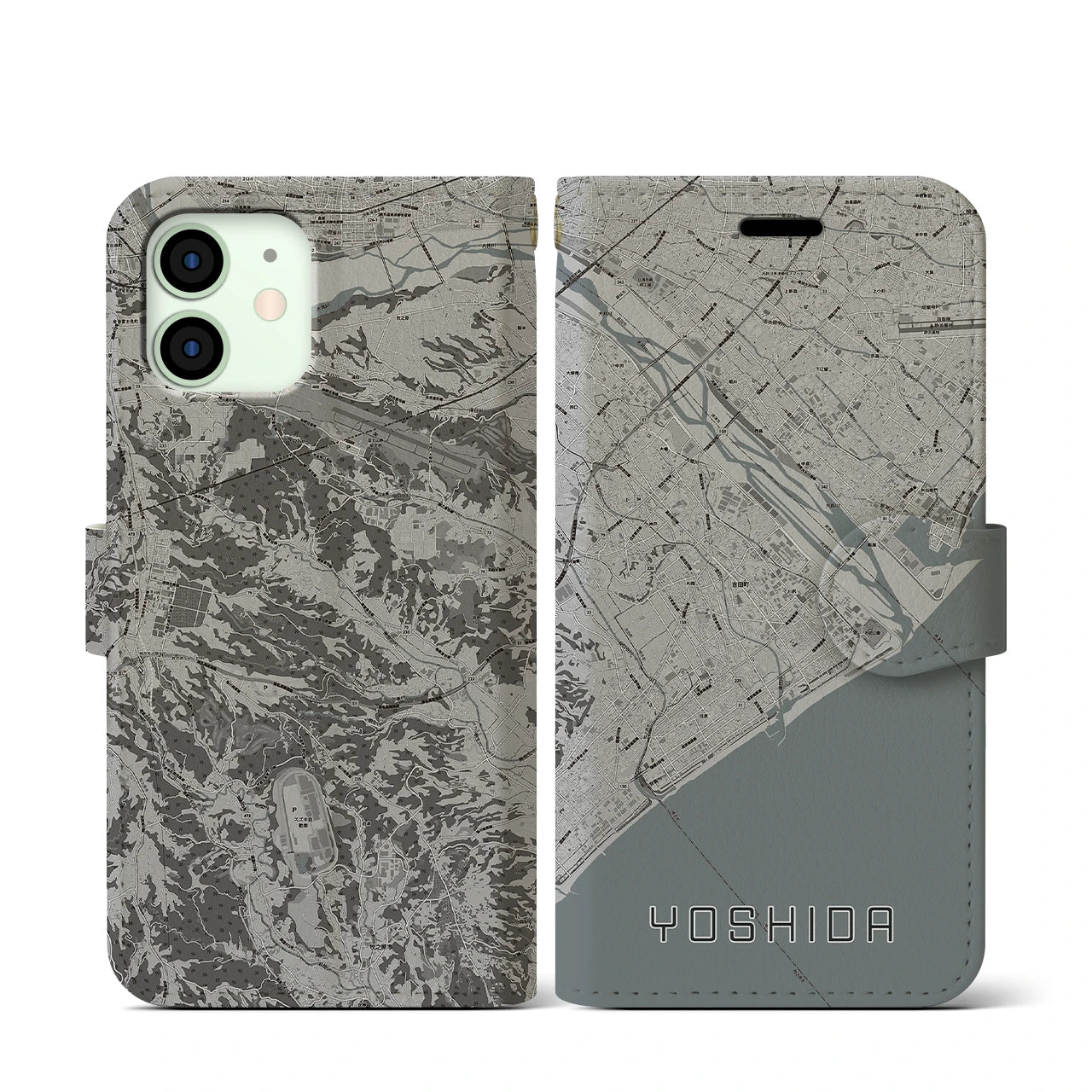 【吉田(静岡県)】地図柄iPhoneケース(手帳タイプ)モノトーン・iPhone 12 mini 用