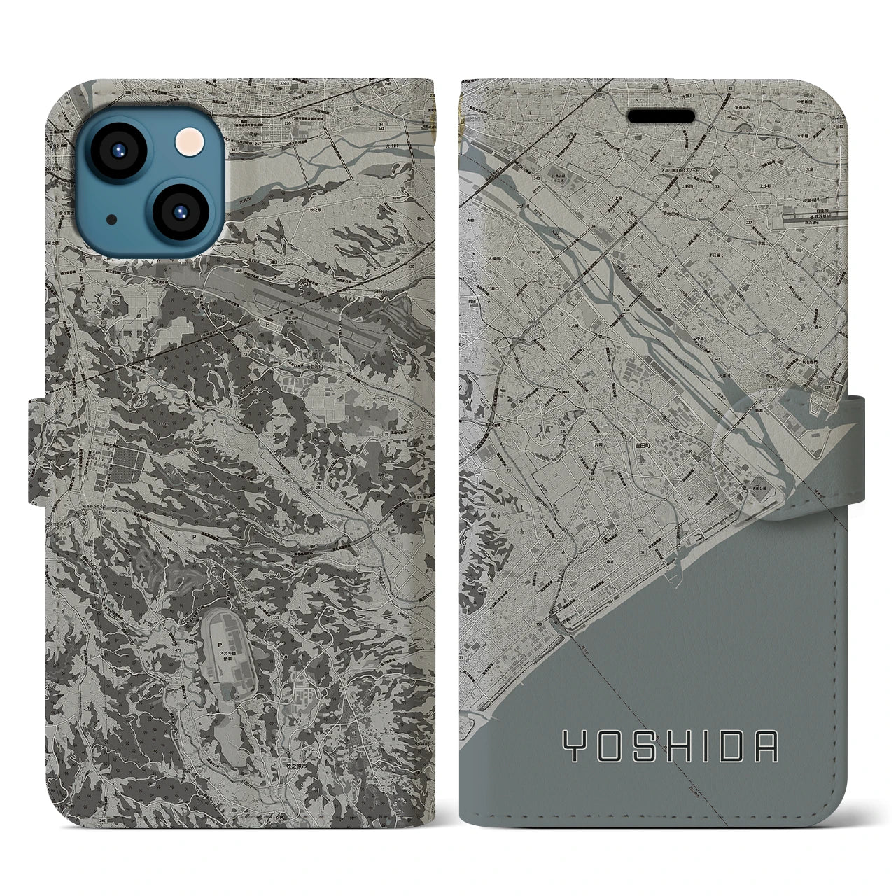 【吉田(静岡県)】地図柄iPhoneケース(手帳タイプ)モノトーン・iPhone 13 用