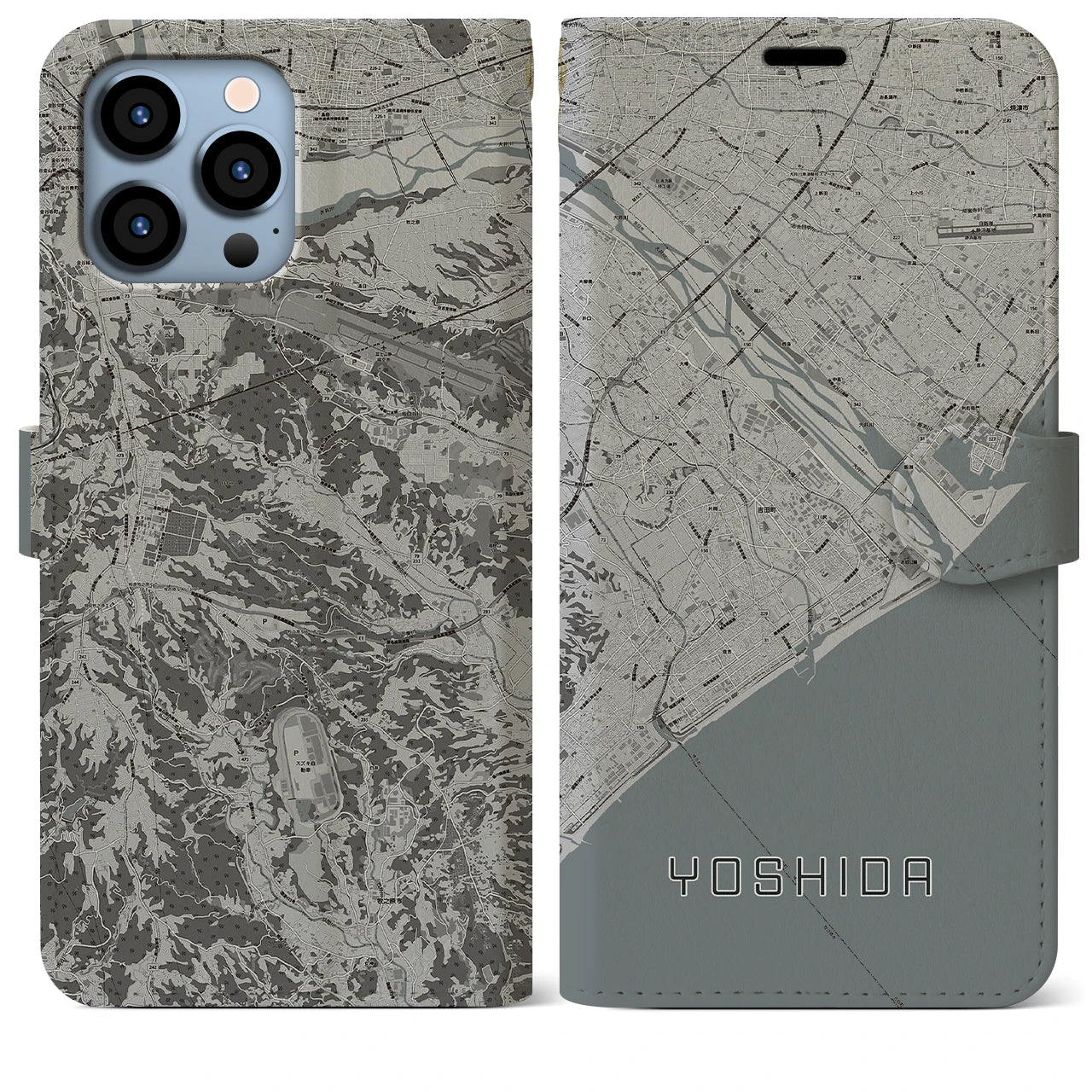 【吉田(静岡県)】地図柄iPhoneケース(手帳タイプ)モノトーン・iPhone 13 Pro Max 用