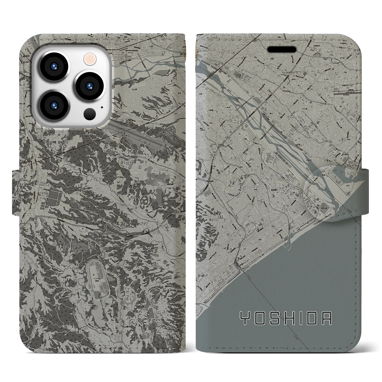 【吉田(静岡県)】地図柄iPhoneケース(手帳タイプ)モノトーン・iPhone 13 Pro 用