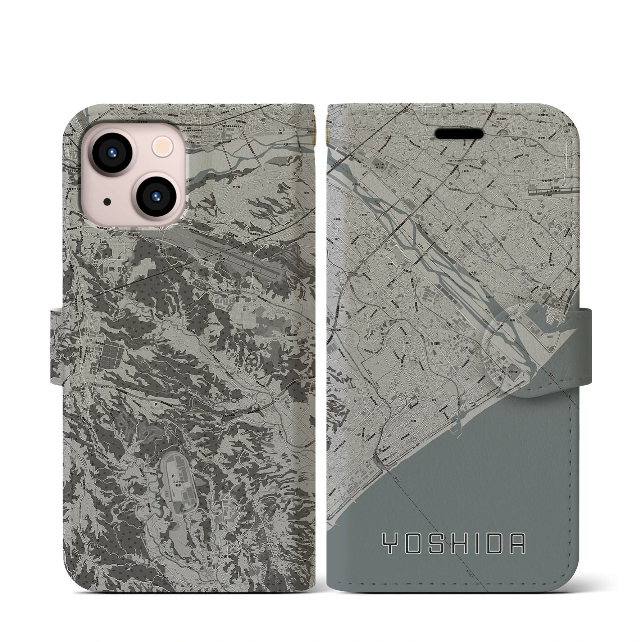 【吉田(静岡県)】地図柄iPhoneケース(手帳タイプ)モノトーン・iPhone 13 mini 用