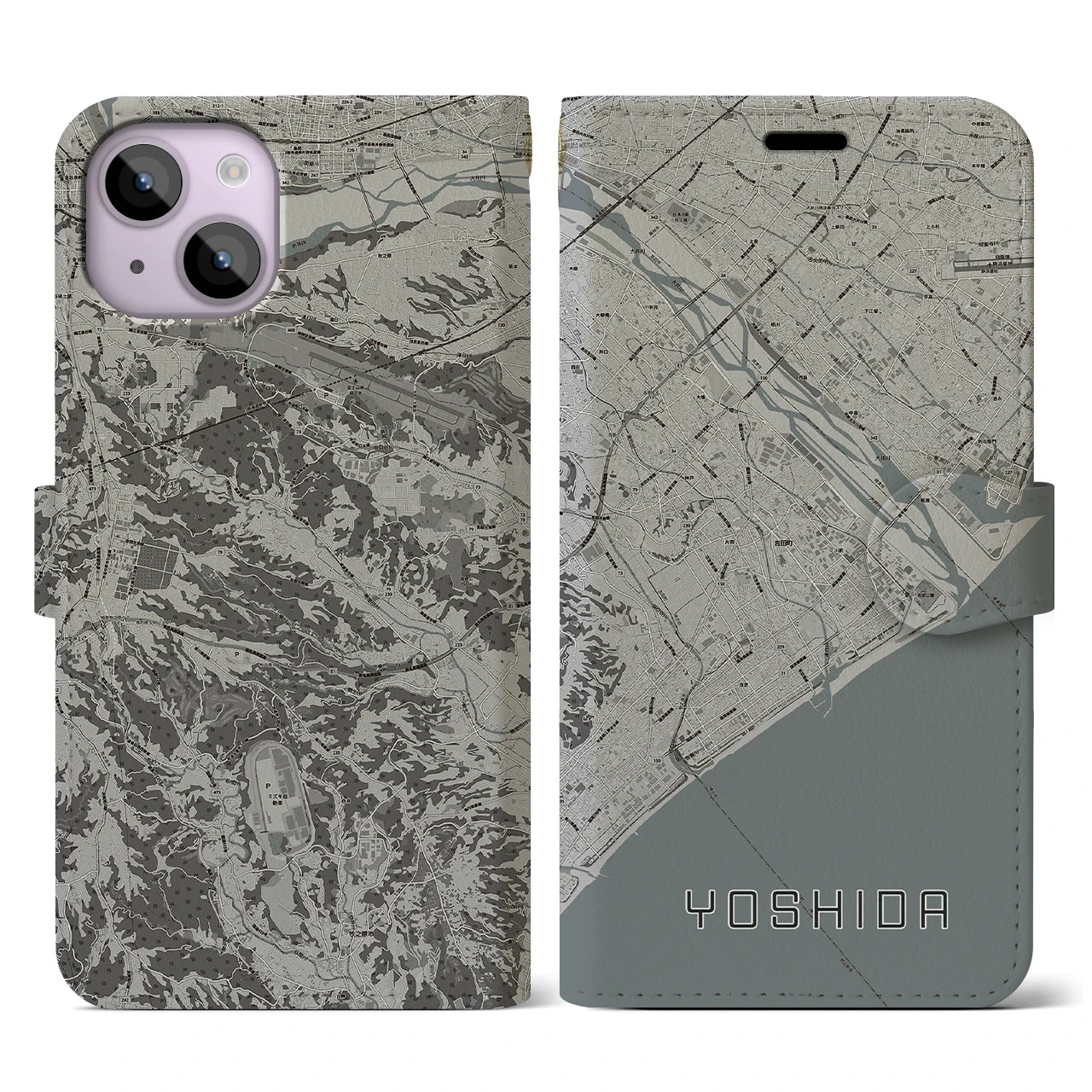 【吉田(静岡県)】地図柄iPhoneケース(手帳タイプ)モノトーン・iPhone 14 用