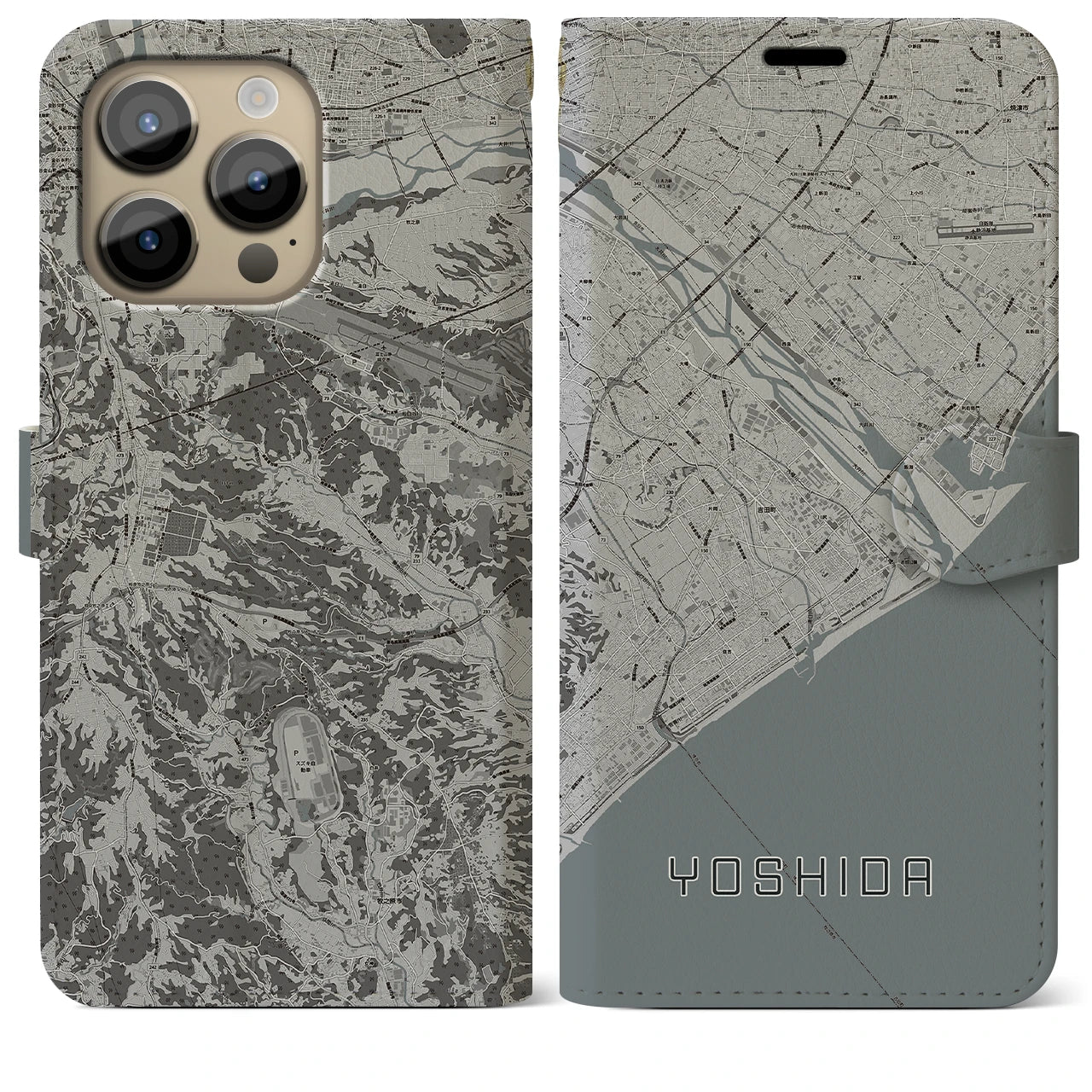 【吉田(静岡県)】地図柄iPhoneケース(手帳タイプ)モノトーン・iPhone 14 Pro Max 用