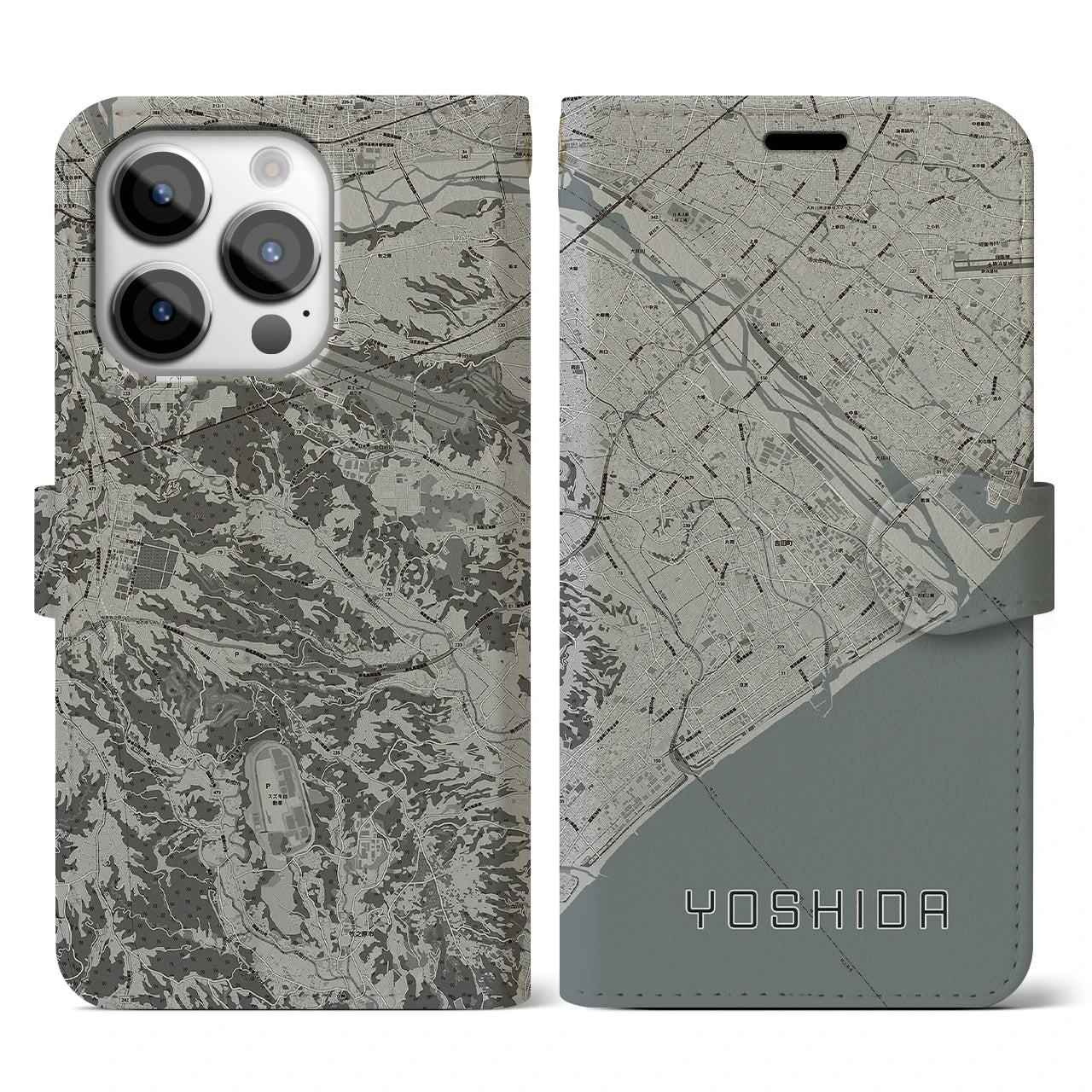 【吉田(静岡県)】地図柄iPhoneケース(手帳タイプ)モノトーン・iPhone 14 Pro 用
