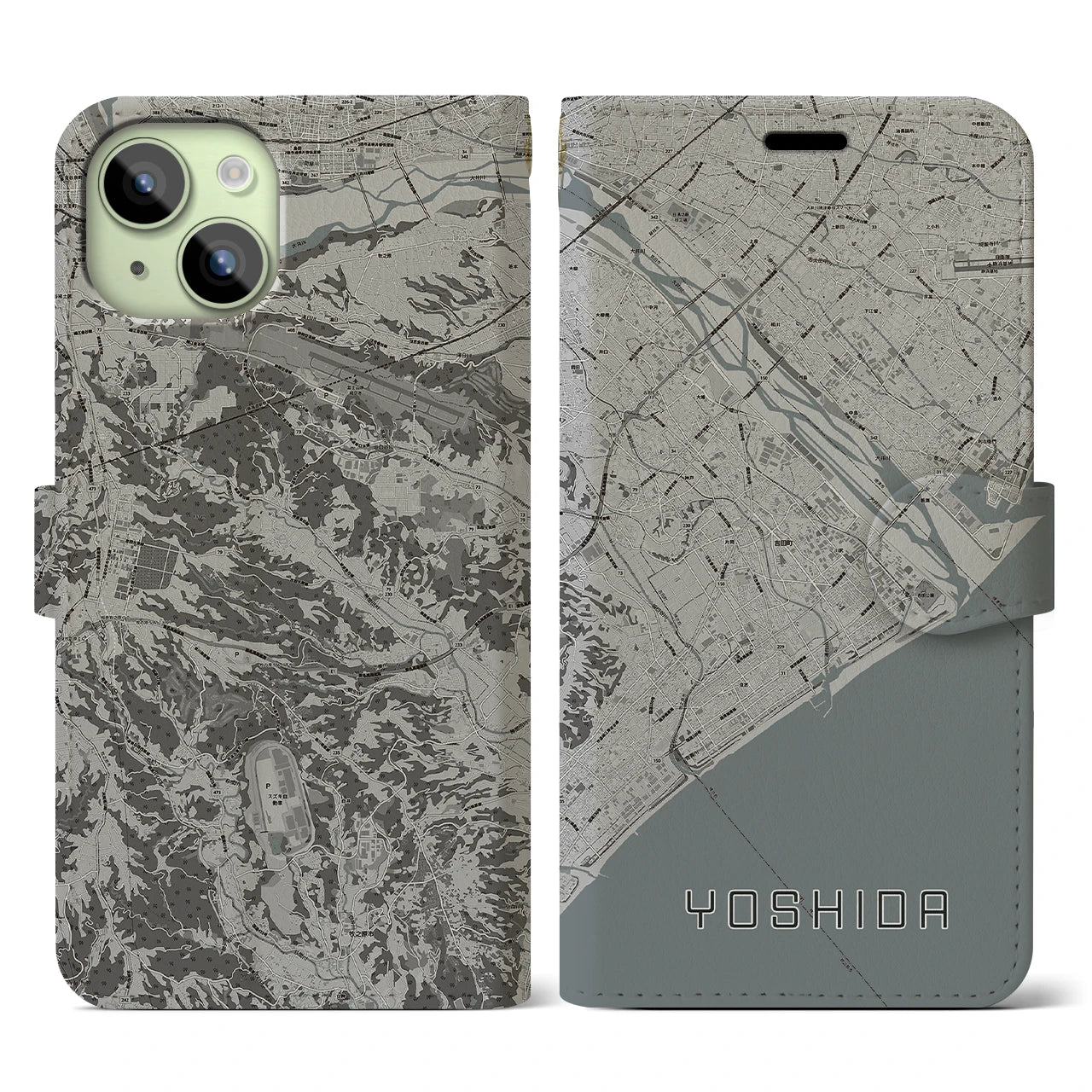 【吉田(静岡県)】地図柄iPhoneケース(手帳タイプ)モノトーン・iPhone 15 用