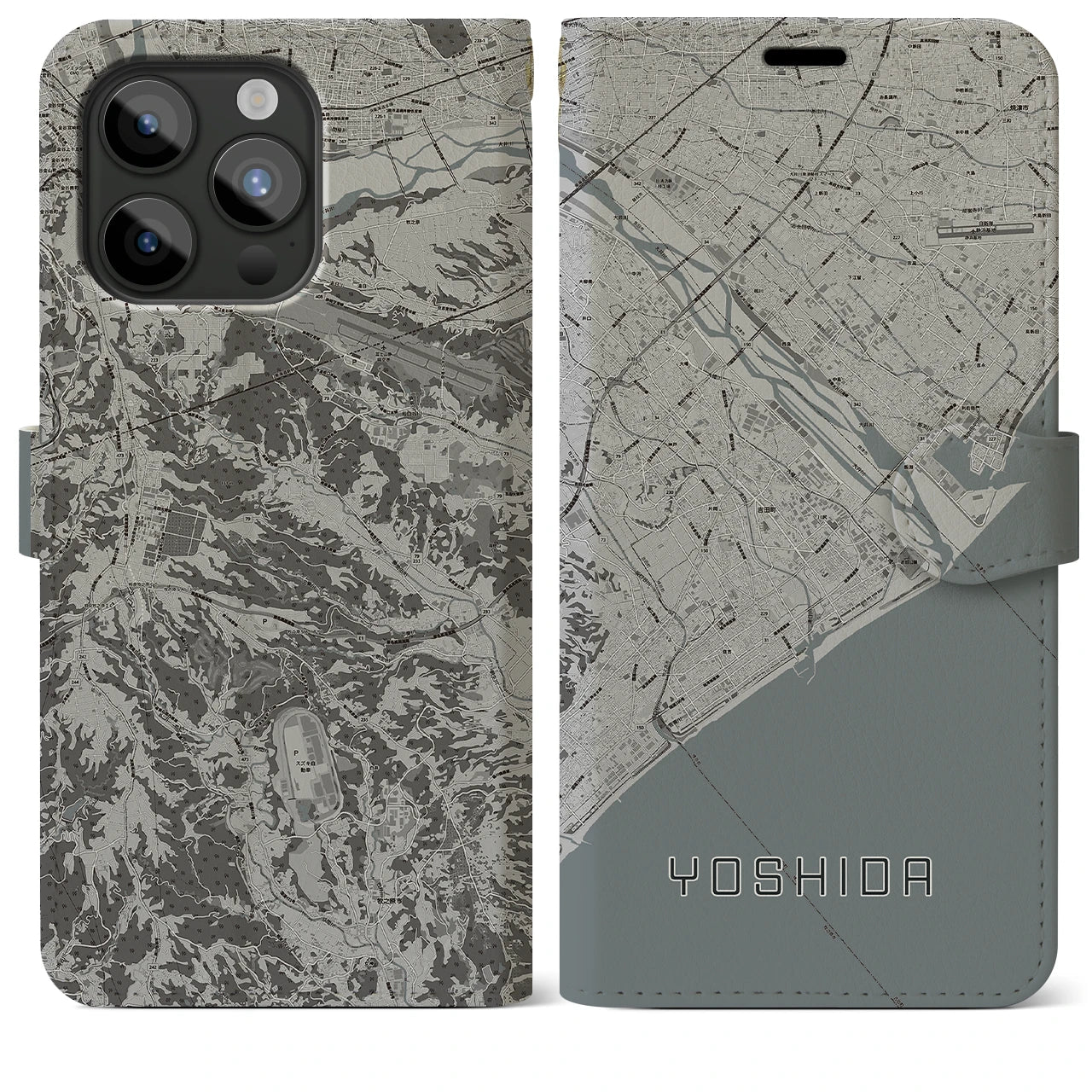 【吉田(静岡県)】地図柄iPhoneケース(手帳タイプ)モノトーン・iPhone 15 Pro Max 用