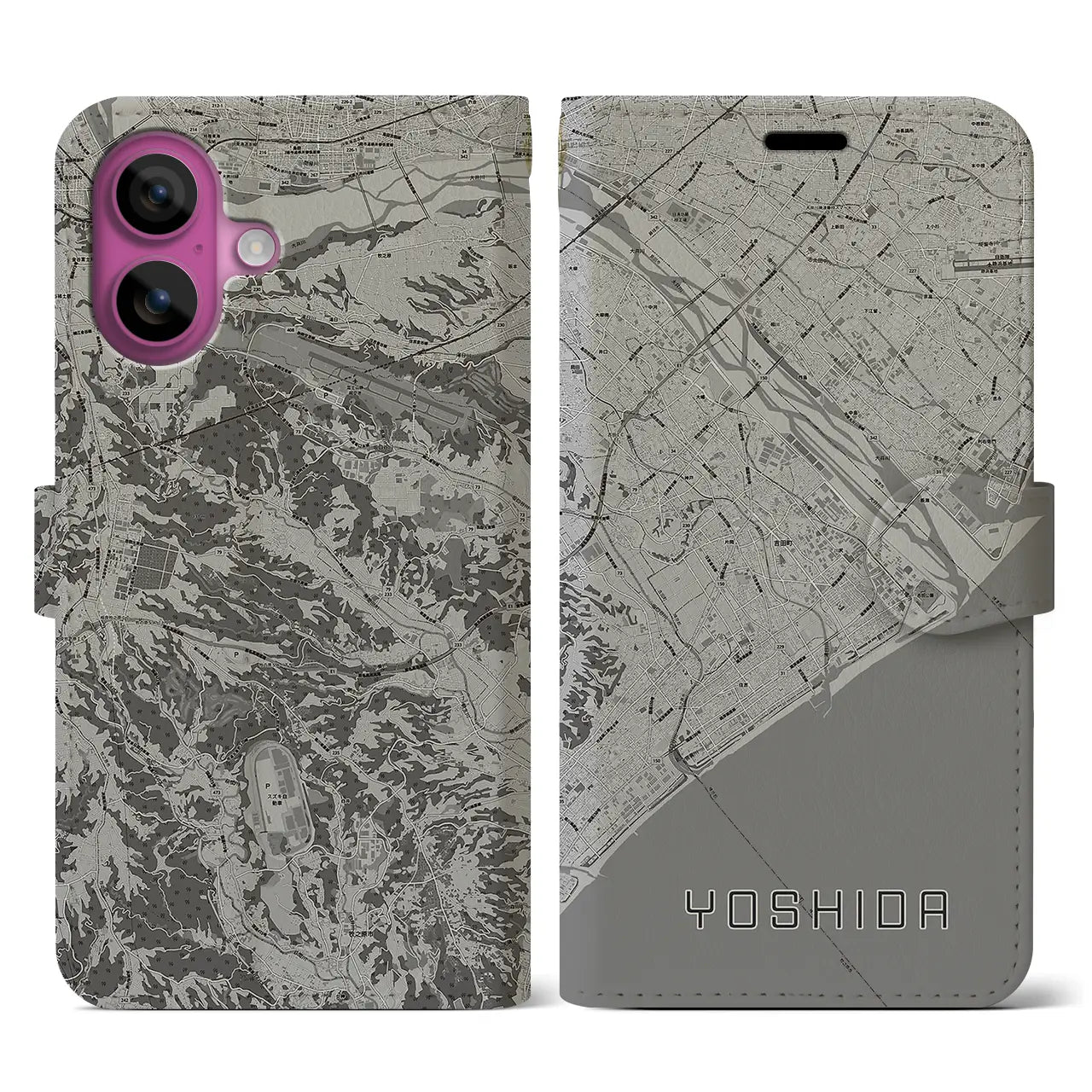 【吉田(静岡県)】地図柄iPhoneケース(手帳タイプ)モノトーン・iPhone 16 Pro 用