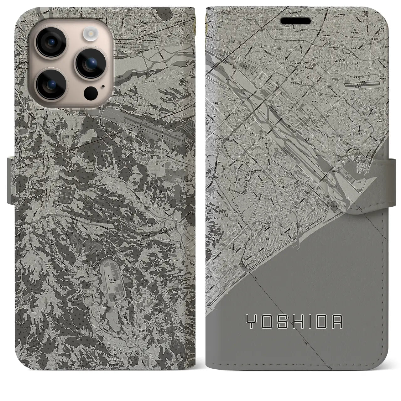 【吉田(静岡県)】地図柄iPhoneケース(手帳タイプ)モノトーン・iPhone 16 Plus 用