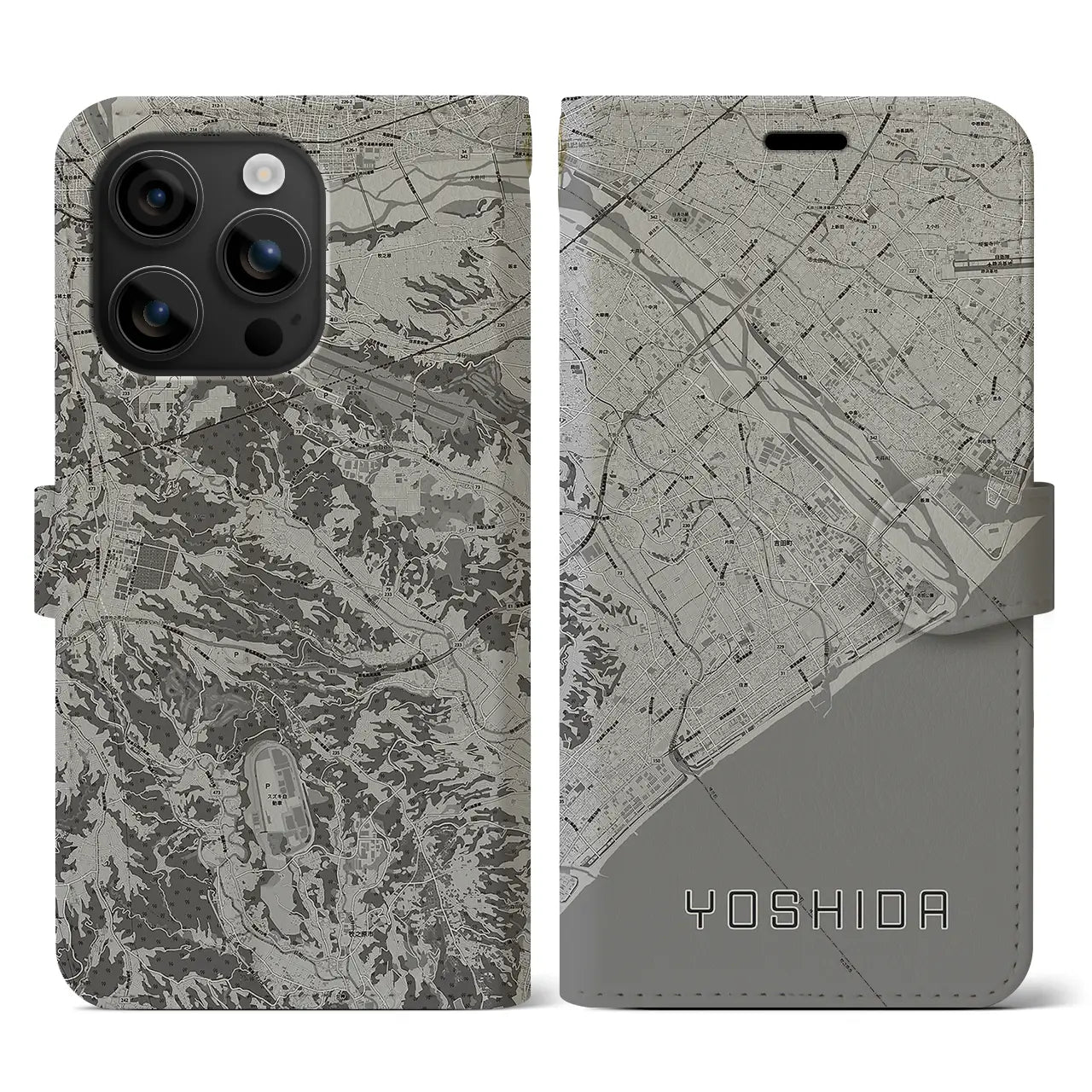 【吉田(静岡県)】地図柄iPhoneケース(手帳タイプ)モノトーン・iPhone 16 用