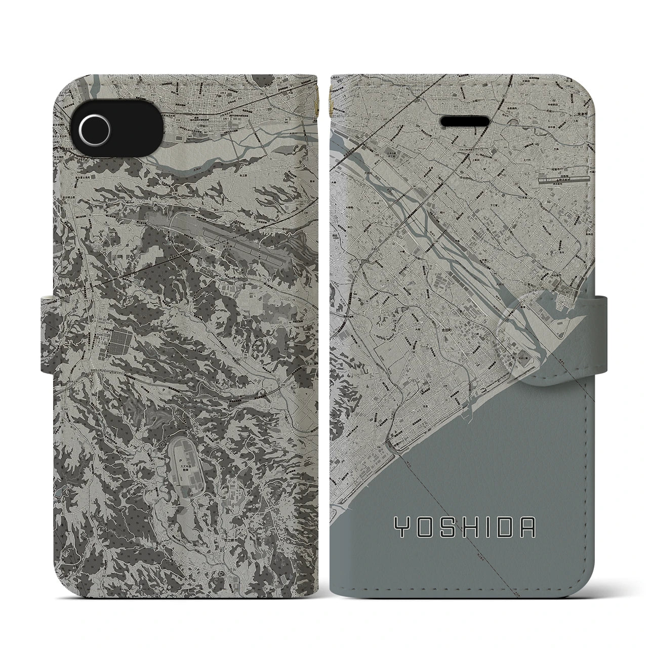 【吉田(静岡県)】地図柄iPhoneケース(手帳タイプ)モノトーン・iPhone SE(第3 / 第2世代) / 8 / 7 / 6s / 6 用