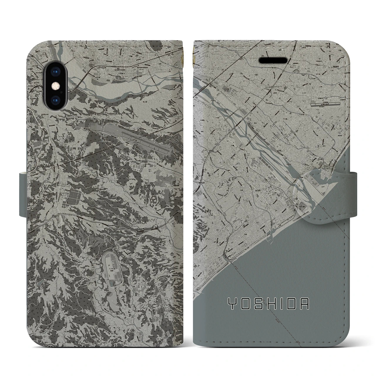 【吉田(静岡県)】地図柄iPhoneケース(手帳タイプ)モノトーン・iPhone XS / X 用