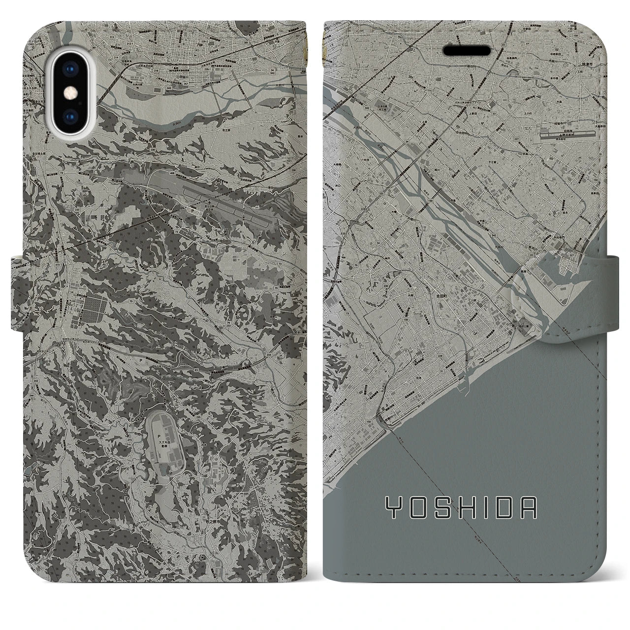 【吉田(静岡県)】地図柄iPhoneケース(手帳タイプ)モノトーン・iPhone XS Max 用