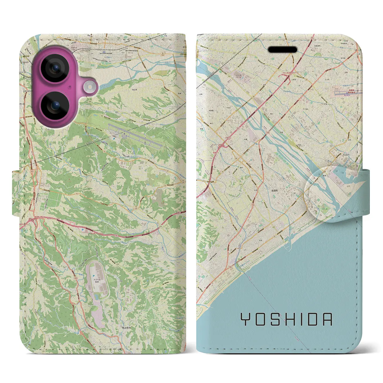 【吉田(静岡県)】地図柄iPhoneケース(手帳タイプ)ナチュラル・iPhone 16 Pro 用