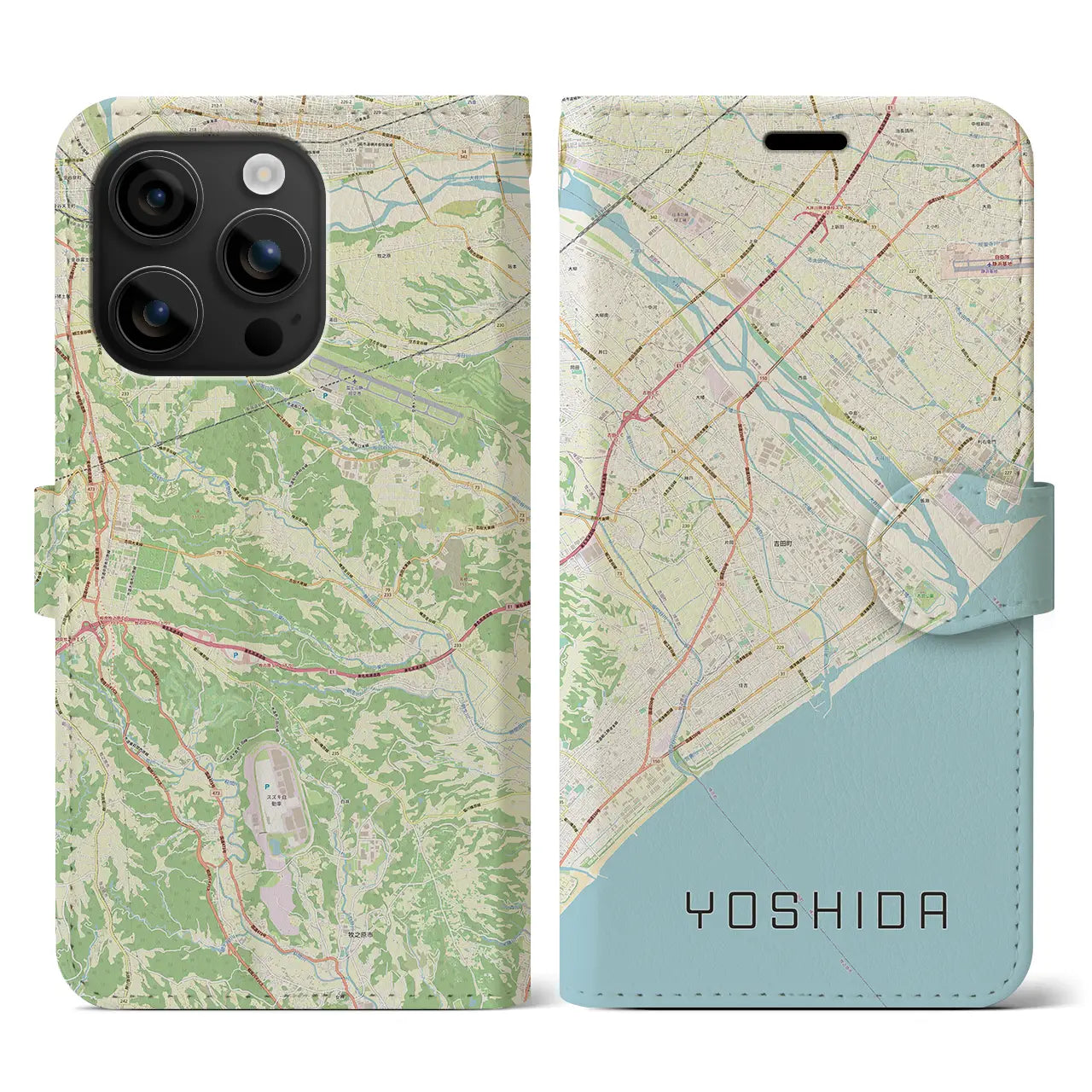 【吉田(静岡県)】地図柄iPhoneケース(手帳タイプ)ナチュラル・iPhone 16 用