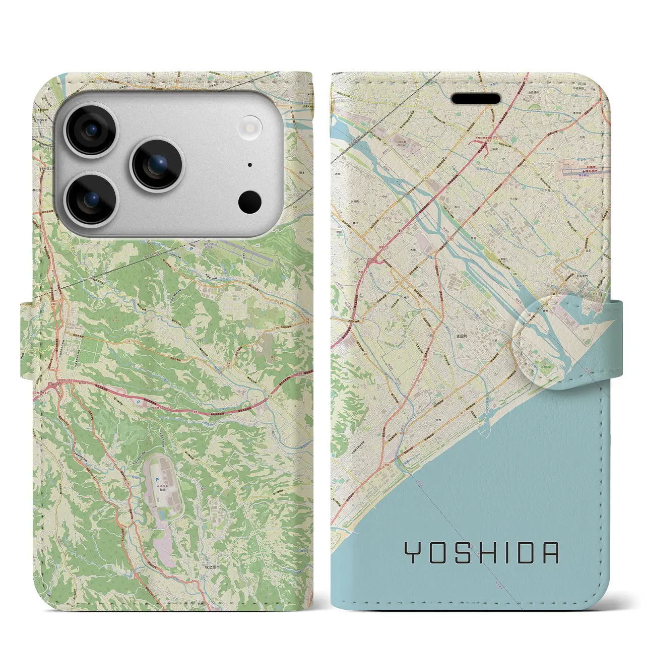 【吉田(静岡県)】地図柄iPhoneケース(手帳タイプ)モノトーン・iPhone 17 Pro Max 用