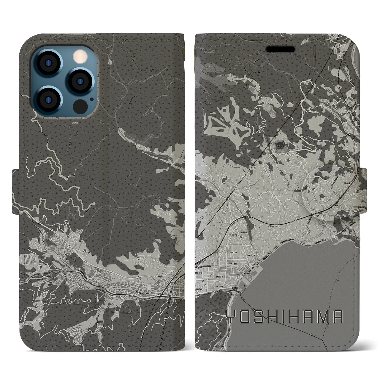【吉浜(神奈川県)】地図柄iPhoneケース(手帳タイプ)モノトーン・iPhone 12 / 12 Pro 用