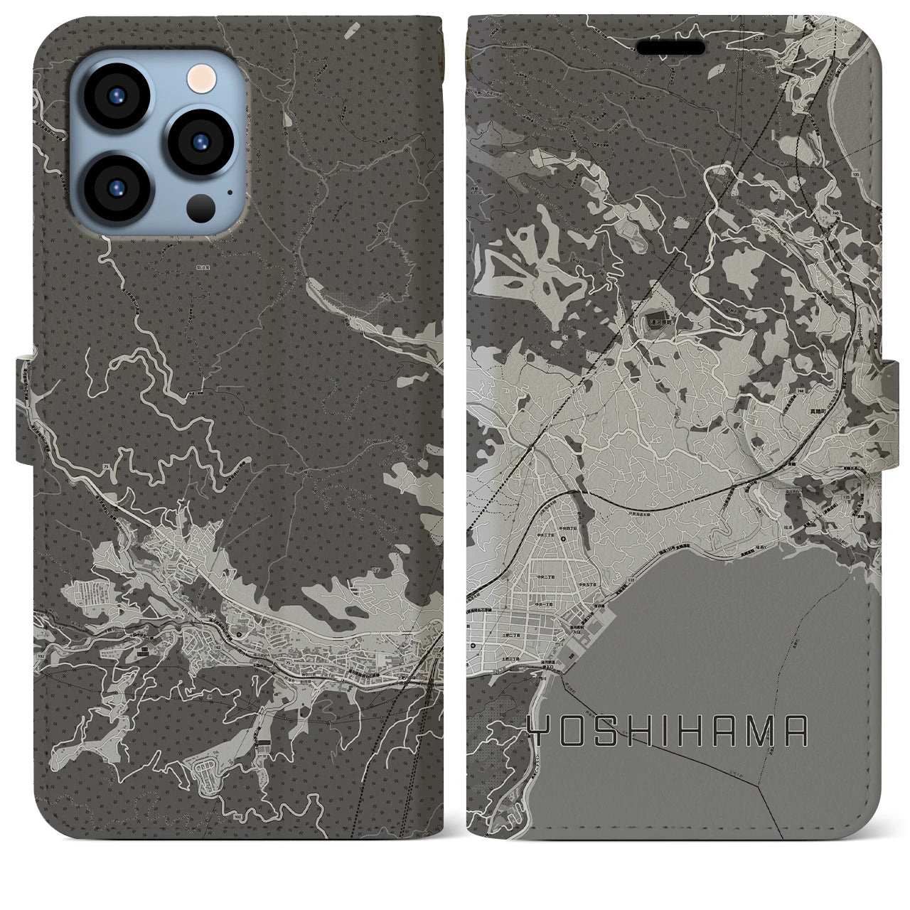 【吉浜(神奈川県)】地図柄iPhoneケース(手帳タイプ)モノトーン・iPhone 13 Pro Max 用