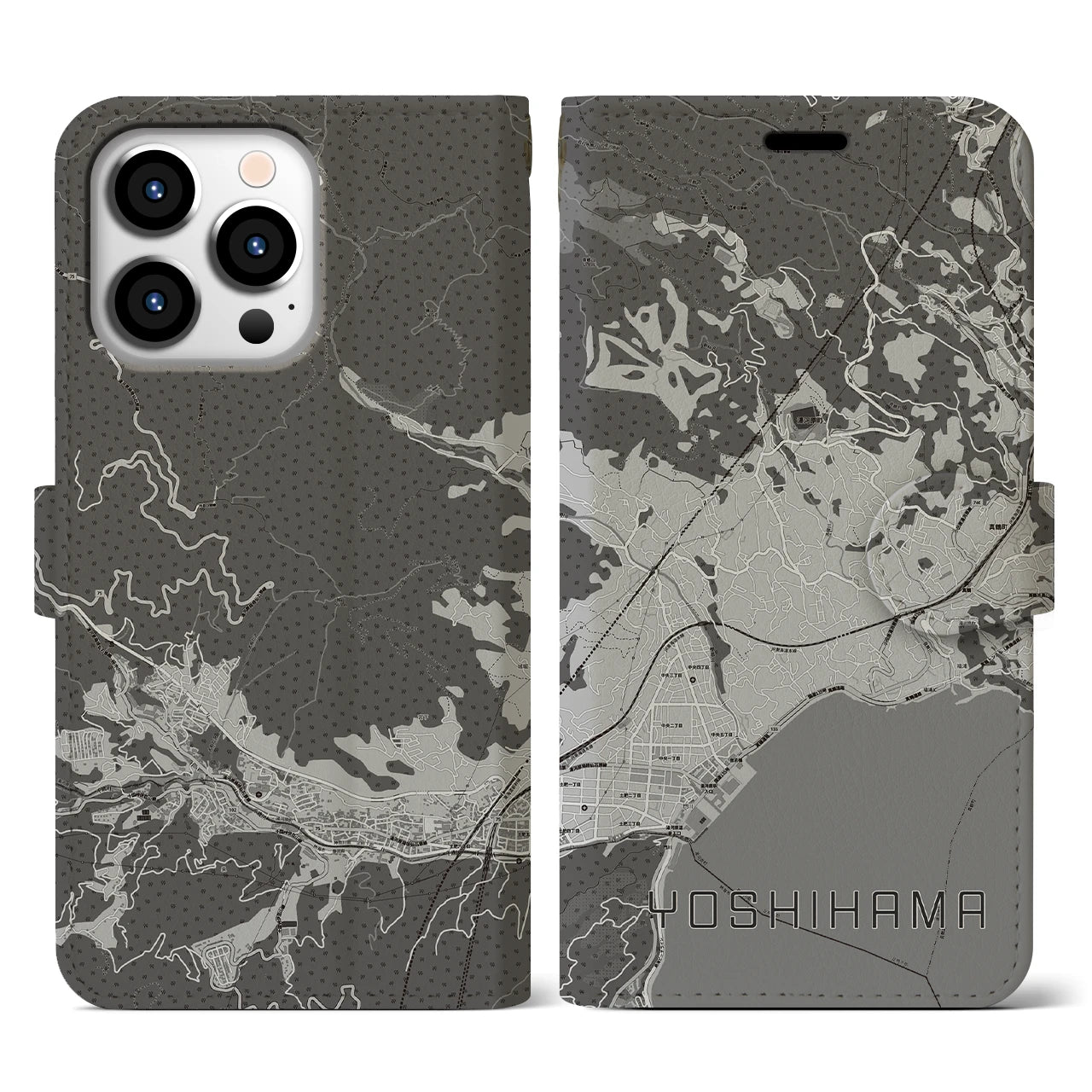 【吉浜(神奈川県)】地図柄iPhoneケース(手帳タイプ)モノトーン・iPhone 13 Pro 用
