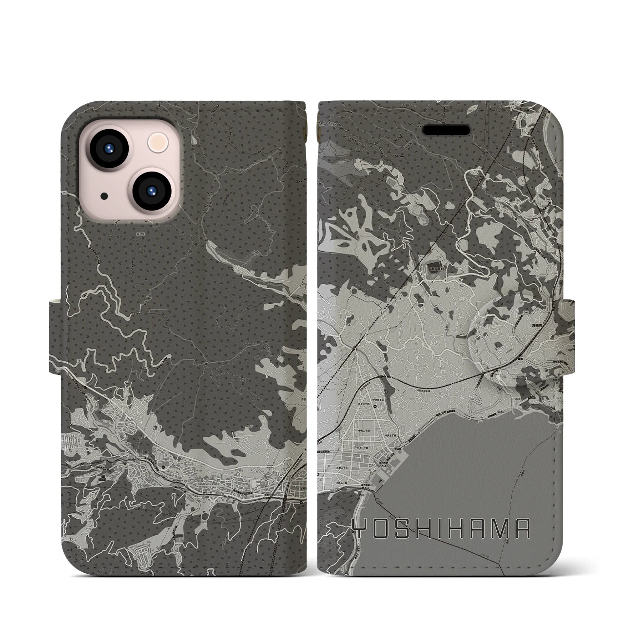 【吉浜(神奈川県)】地図柄iPhoneケース(手帳タイプ)モノトーン・iPhone 13 mini 用